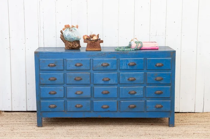 Rustic Blue Teak 20-Drawer Apothecary Dresser (Trade)