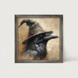 Rustic Framed Witch Hat Crow Wall Art
