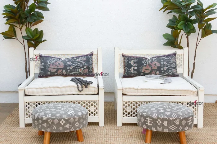 Set of 2 Carved White Moroccan Club Chairs