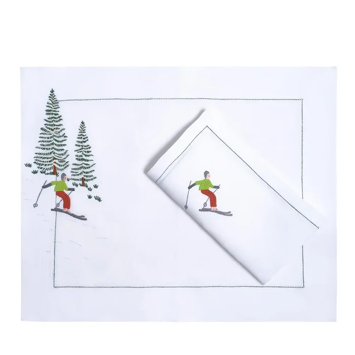 Set of Ski Hand Embroidered Placemat and Napkin #2