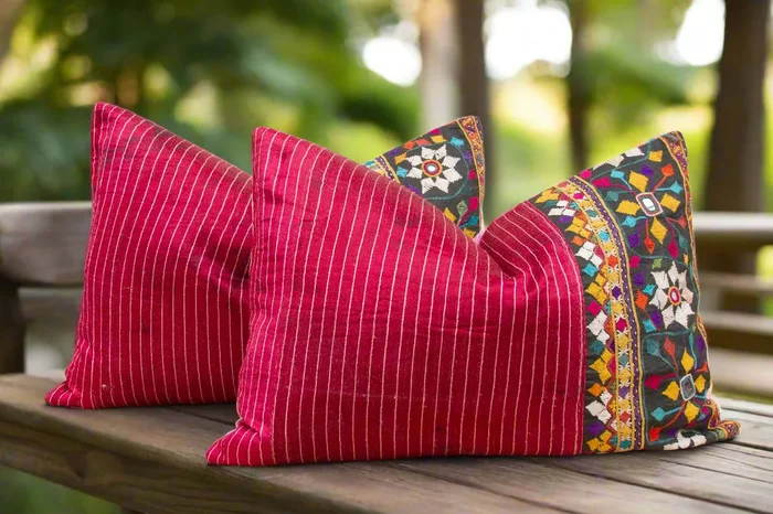 Set of Two Antique Mashru Tribal Lumbar Pillows