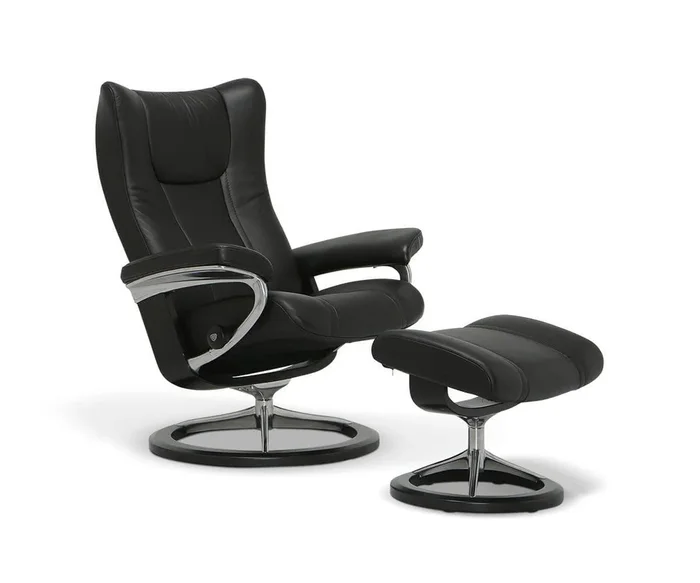 Stressless® Wing Recliner & Ottoman with Signature Base – Black