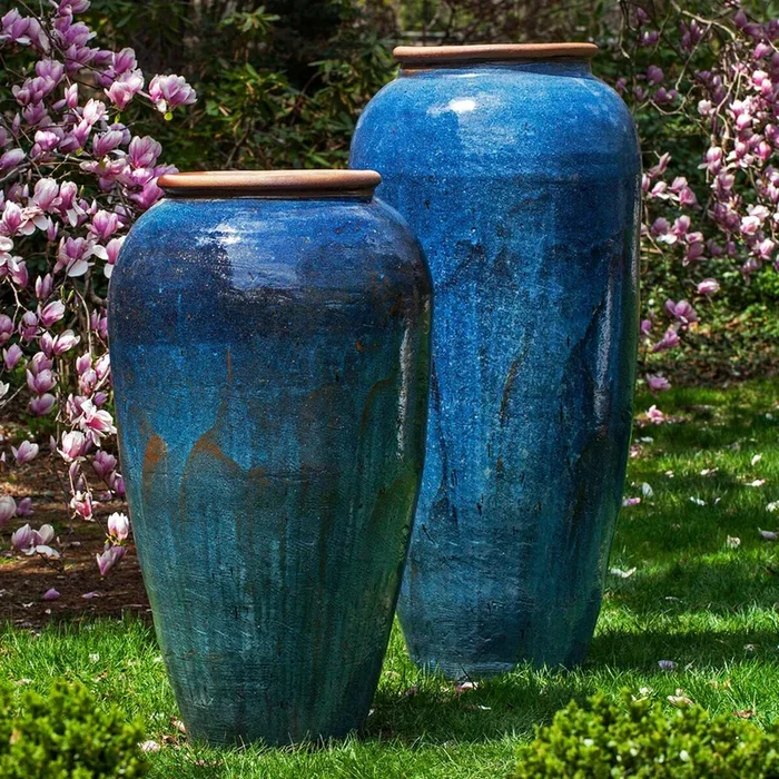 Tall Glazed Terra Cotta Jar Planter with Rolled Edge – Rustic Blue