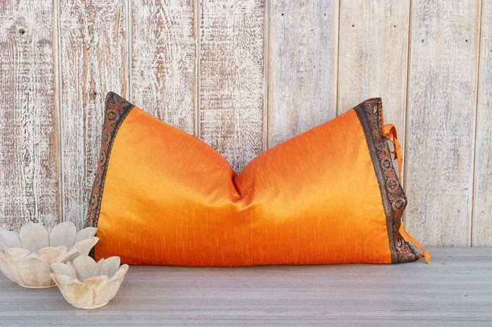Tangerine Large Festive Indian Silk Queen Lumbar Pillow Cover