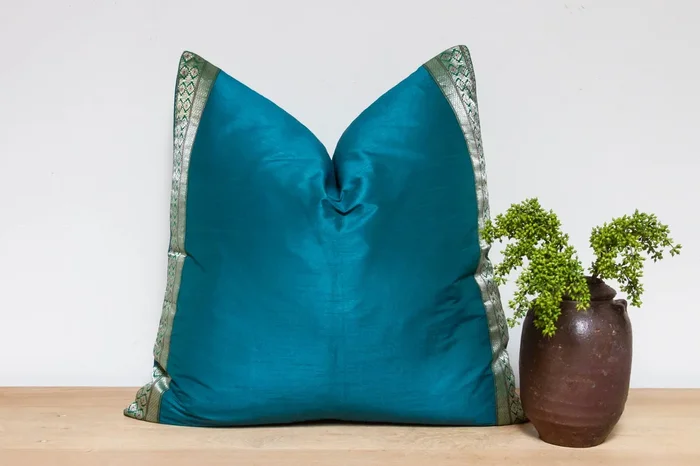 Teal Festive Silk Euro Pillow Cover
