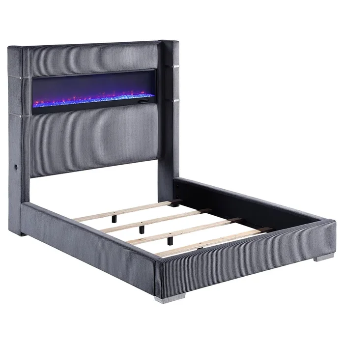 Tisdall Upholstered Queen Flame Visualizer Bed Grey