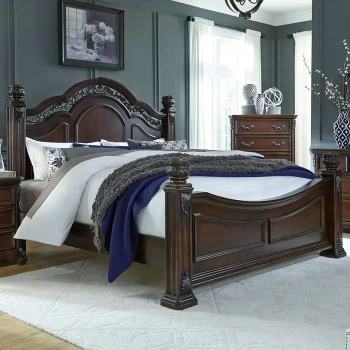 Traditional California King Poster Bed with Acanthus Leaf Carving Accents