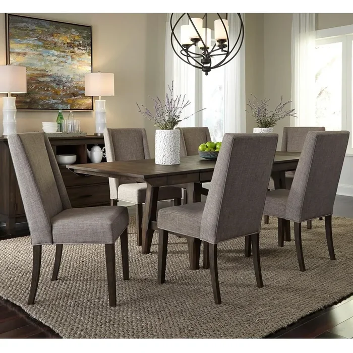 Transitional 7-Piece Trestle Table Dining Set with Upholstered Chairs