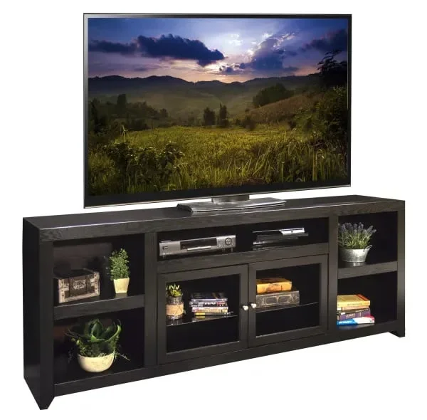 Transitional 85″ TV Console with Glass Doors