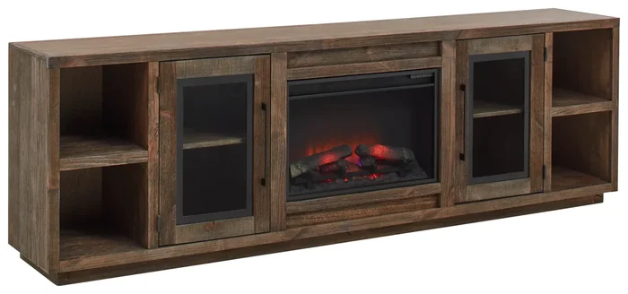 Transitional Fireplace Console Table with Open Shelving and Glass Doors