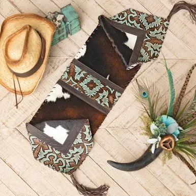 Turquoise Tooled Leather & Cowhide Table Runner – 14 x 72