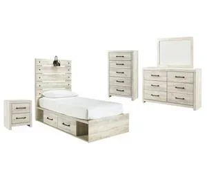 Twin Panel Bed With 2 Storage Drawers With Mirrored Dresser, Chest and Nightstand