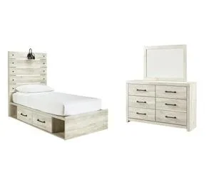 Twin Panel Bed With 2 Storage Drawers With Mirrored Dresser