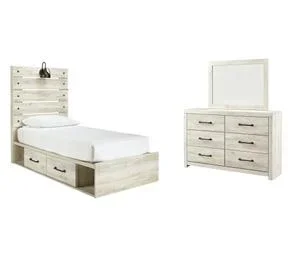 Twin Panel Bed With 4 Storage Drawers With Mirrored Dresser