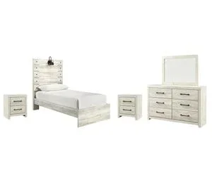 Twin Panel Bed With Mirrored Dresser and 2 Nightstands