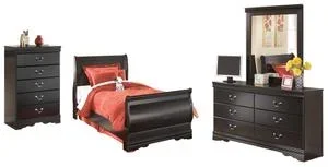 Twin Sleigh Bed With Mirrored Dresser and Chest