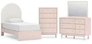 Twin Upholstered Panel Bed With Mirrored Dresser and Chest
