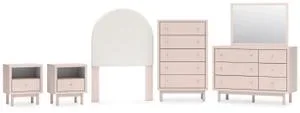 Twin Upholstered Panel Headboard With Mirrored Dresser, Chest and 2 Nightstands
