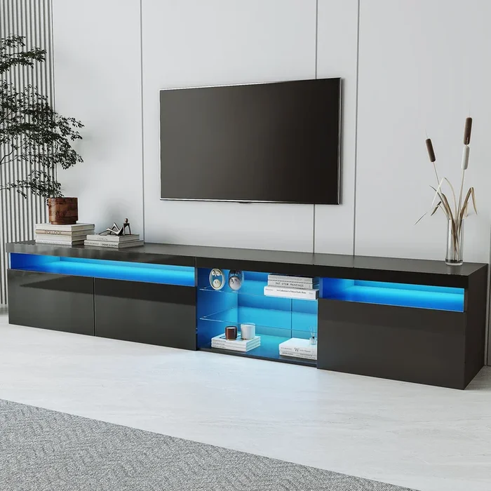 Unique Design TV Stand with LED Lights, 2 Glass Shelves, Ample Storage Space Media Console for TVs Up to 105″, Black