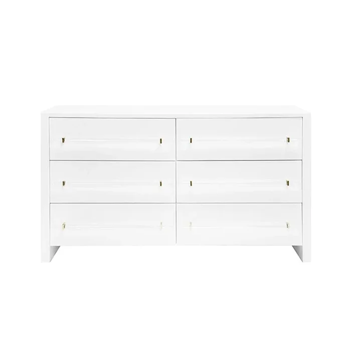 Worlds Away Luke 6 Drawer White Lacquer Chest – Brass/Acrylic Hardware