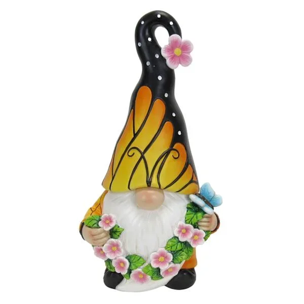 Yellow Butterfly Solar Gnome Outdoor Garden Statue, 12″
