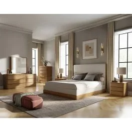Zenith Platform Bed Beige Linen Oak Wood